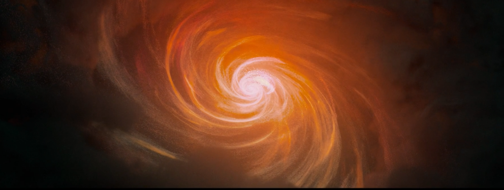 Απεικόνιση 1: Καλλιτεχνική αναπαράσταση των σπειροειδών σχηματισμών που δημιουργούνται όταν ύλη υπό την επήρεια της βαρυτικής έλξης μιας κεντρικής μελανής οπής περιδινίζεται και τελικά προσπίπτει σε αυτή. Η μελέτη των σχηματισμών αυτών που ονομάζονται δίσκοι προσαύξησης, αποτελεί αντικείμενο έντονης έρευνας. Credit: Dimitrios Sakkas (tomakti) - Antonis Georgakakis, Angel Ruiz, Maria Chira (NOA)